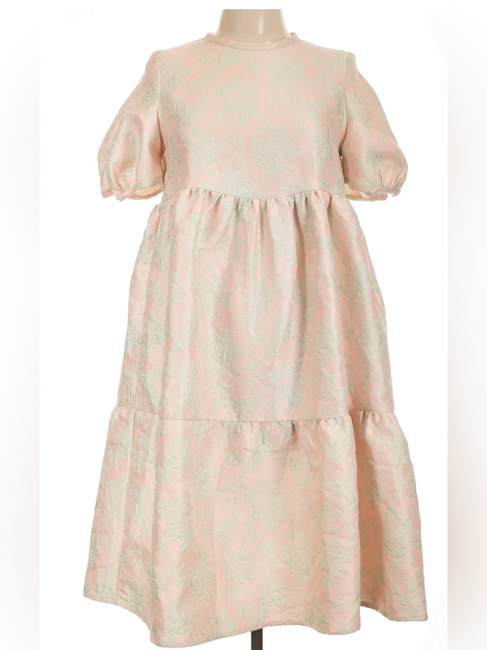 CASEY MARKS Floral Jacquard Puff Sleeve Pink Mint Dress NWT